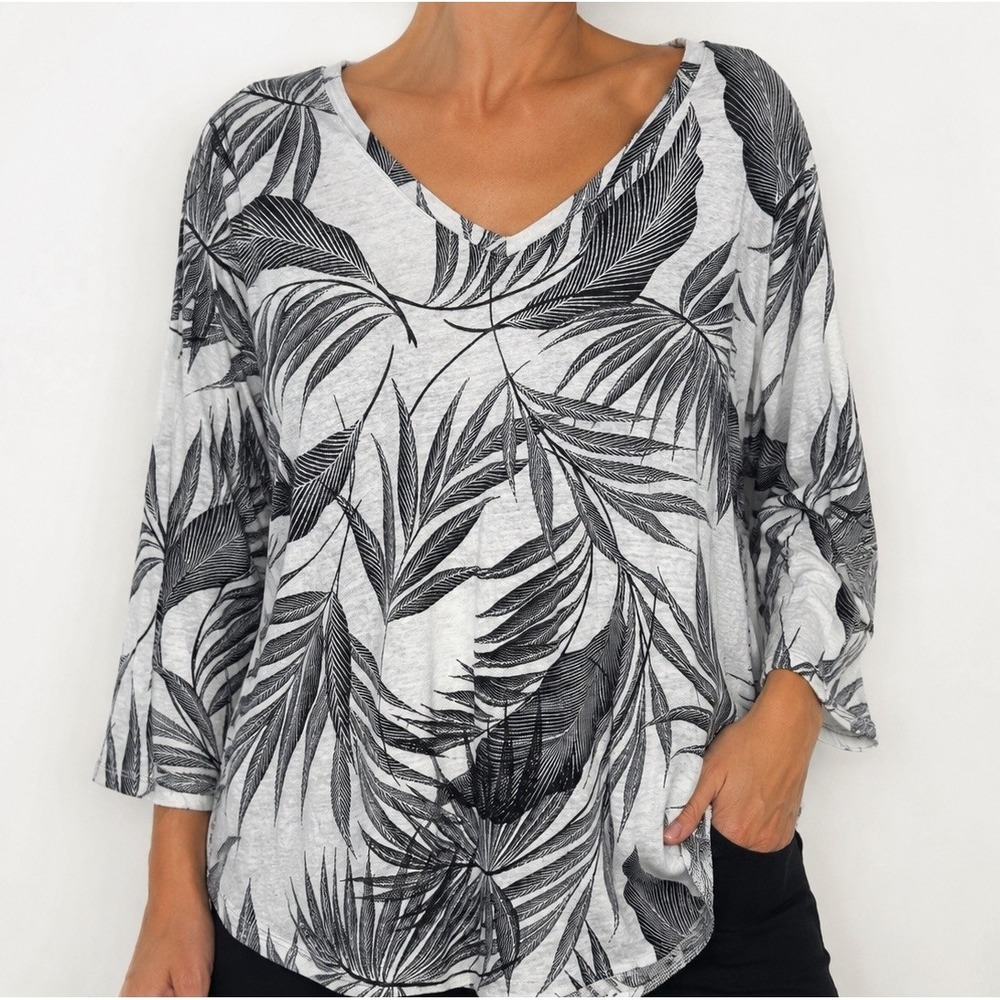 Tahari Womens 2X 100% Linen Tropical Palm Leaf Print Tunic Top Gray Black Plus